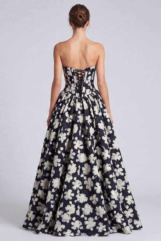 Black White Flower Sweetheart A Line Long Corset Formal Dress