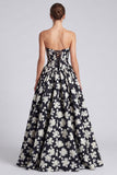 Black White Flower Sweetheart A Line Long Corset Formal Dress