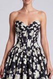 Black White Flower Sweetheart A Line Long Corset Formal Dress