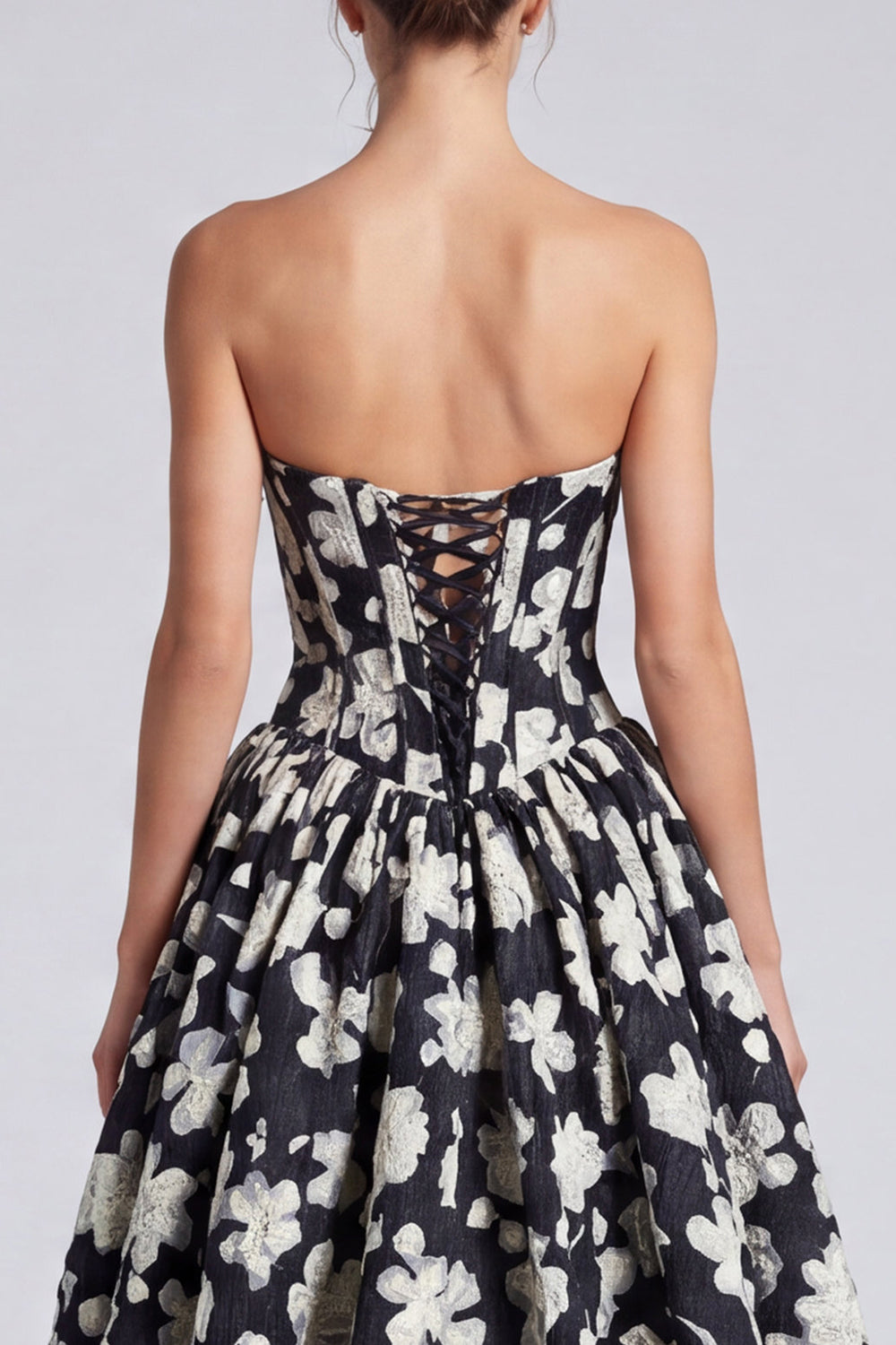 Black White Flower Sweetheart A Line Long Corset Formal Dress