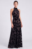 Black Floral A Line Long Halter Formal Dress with Bow