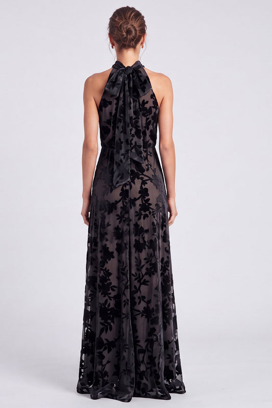 Black Floral A Line Long Halter Formal Dress with Bow