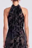 Black Floral A Line Long Halter Formal Dress with Bow