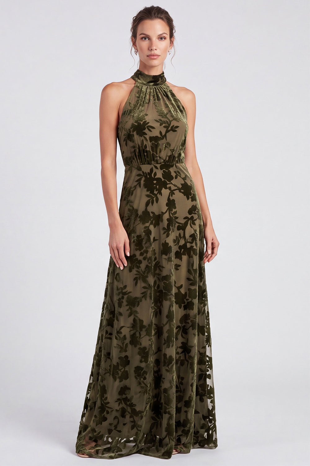 Black Floral A Line Long Halter Formal Dress with Bow