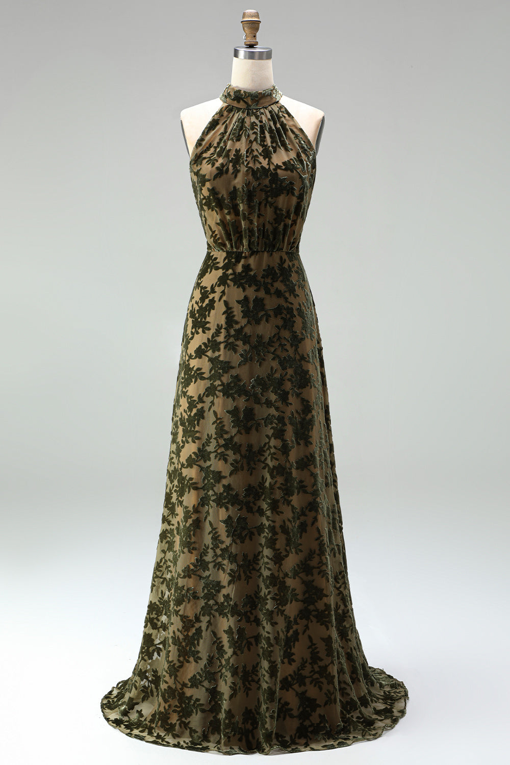 Black Floral A Line Long Halter Formal Dress with Bow