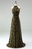 Black Floral A Line Long Halter Formal Dress with Bow