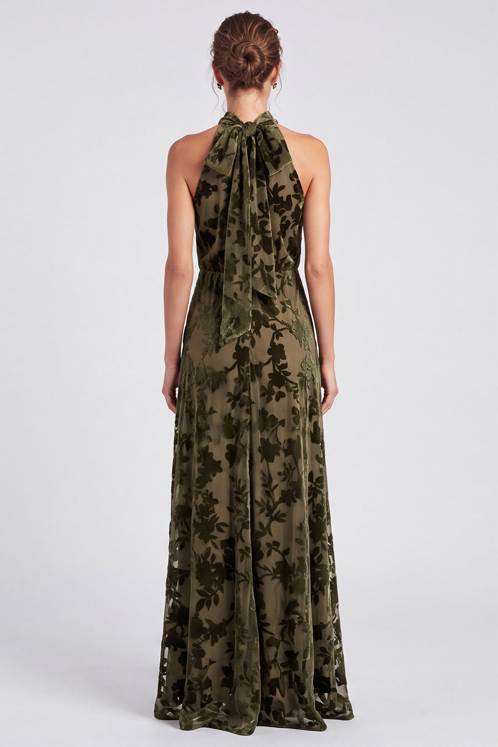 Black Floral A Line Long Halter Formal Dress with Bow
