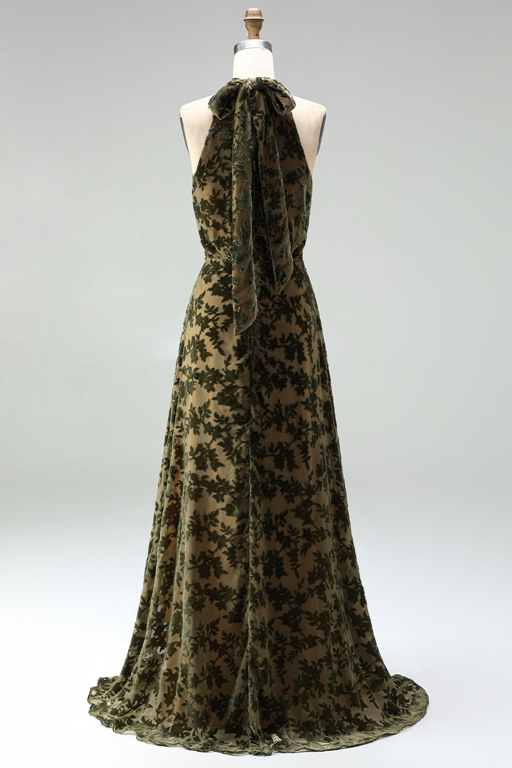 Black Floral A Line Long Halter Formal Dress with Bow