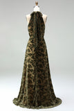 Black Floral A Line Long Halter Formal Dress with Bow