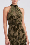 Black Floral A Line Long Halter Formal Dress with Bow