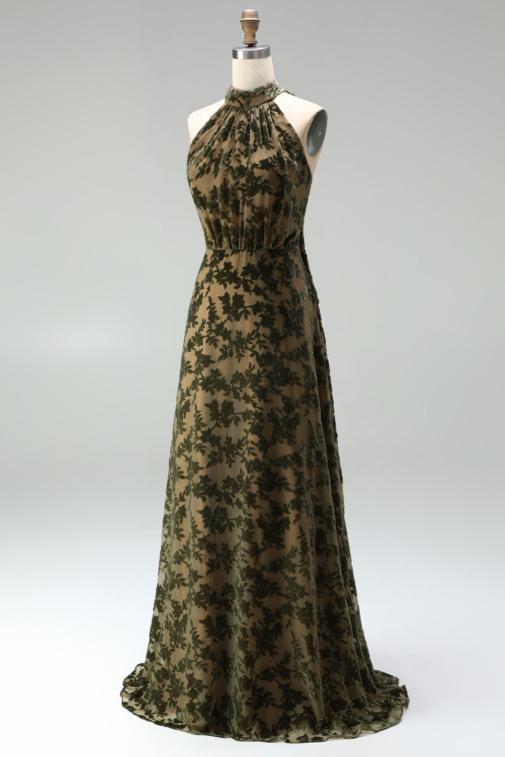 Black Floral A Line Long Halter Formal Dress with Bow