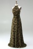 Black Floral A Line Long Halter Formal Dress with Bow