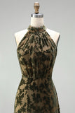 Black Floral A Line Long Halter Formal Dress with Bow