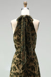 Black Floral A Line Long Halter Formal Dress with Bow