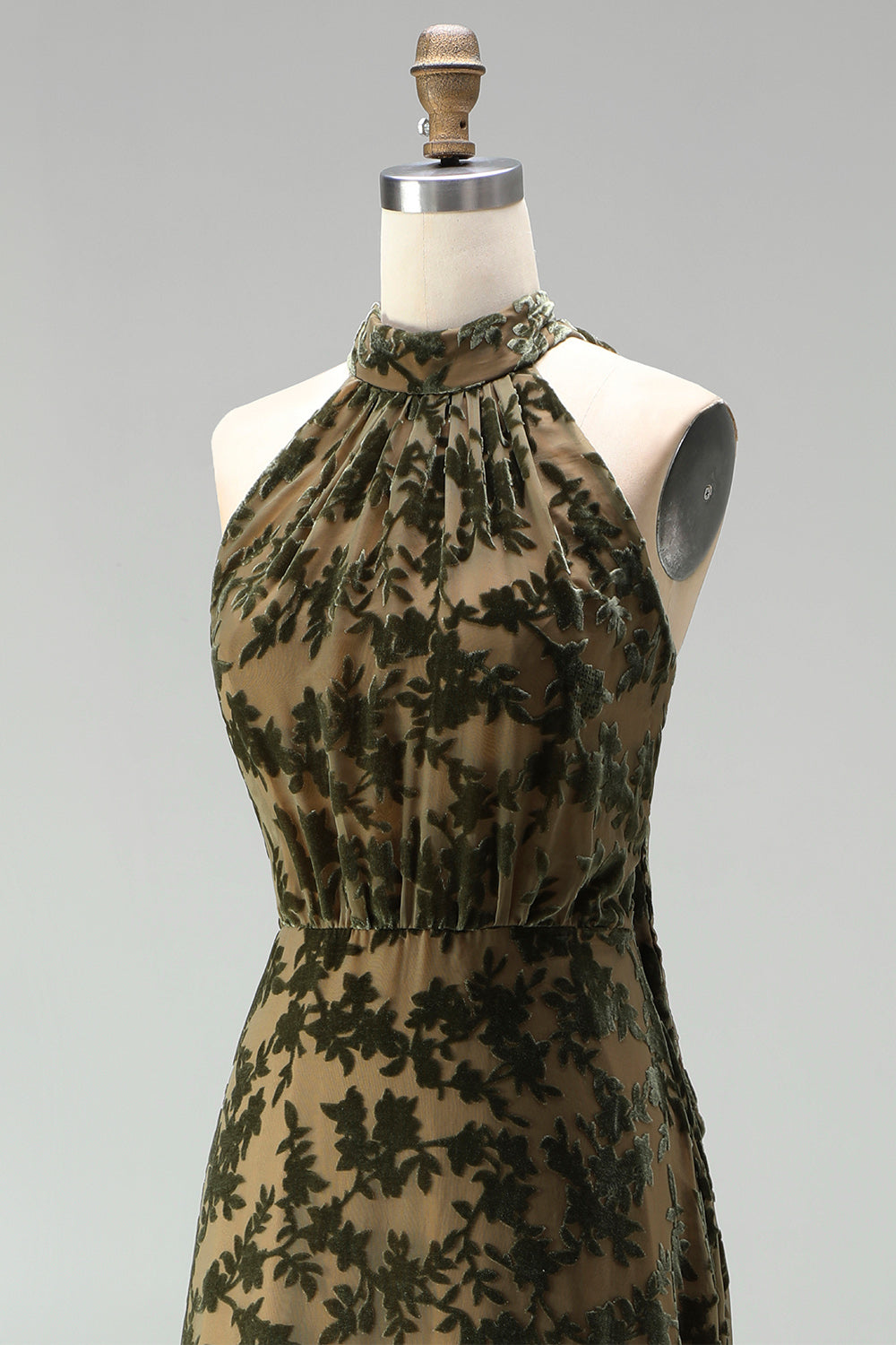 Black Floral A Line Long Halter Formal Dress with Bow