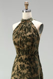 Black Floral A Line Long Halter Formal Dress with Bow