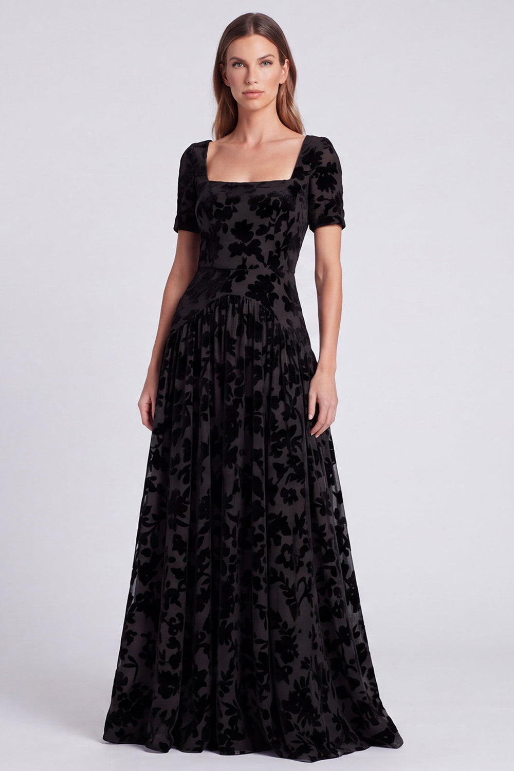 Peacock Blue Floral A Line Square Neck Velvet Long Formal Dress