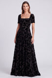 Peacock Blue Floral A Line Square Neck Velvet Long Formal Dress