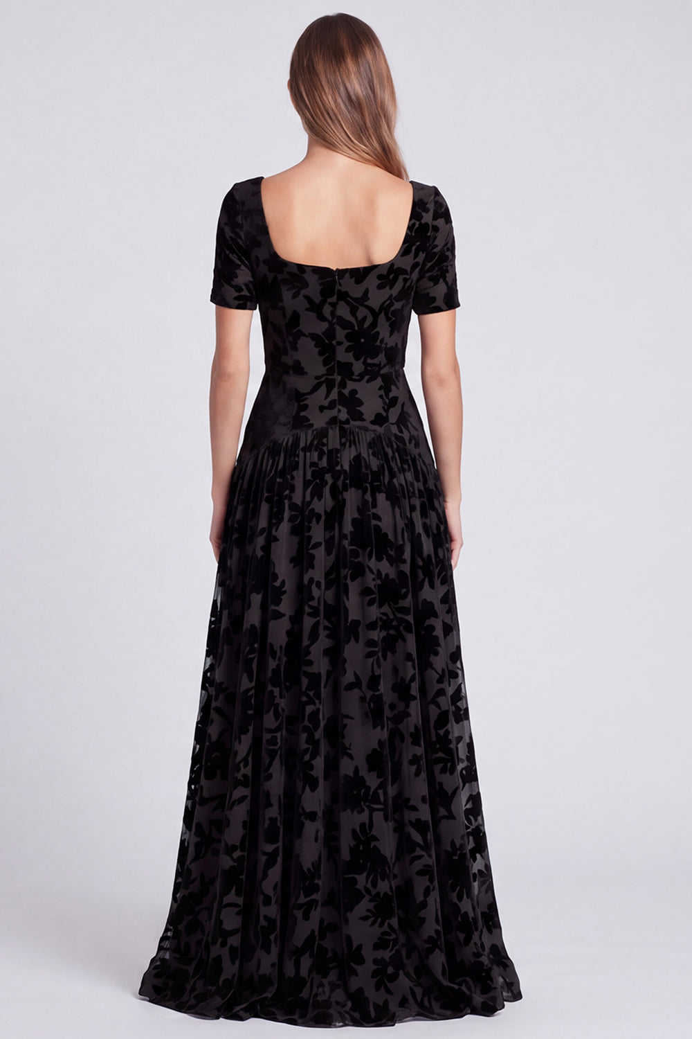 Peacock Blue Floral A Line Square Neck Velvet Long Formal Dress