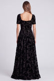 Peacock Blue Floral A Line Square Neck Velvet Long Formal Dress