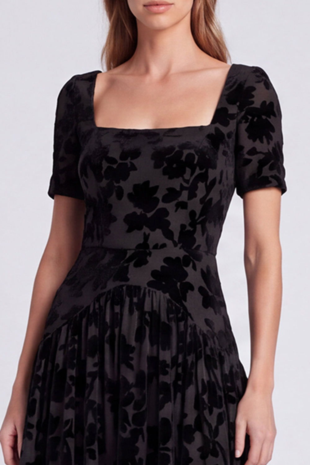 Peacock Blue Floral A Line Square Neck Velvet Long Formal Dress