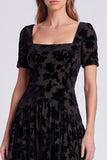 Peacock Blue Floral A Line Square Neck Velvet Long Formal Dress