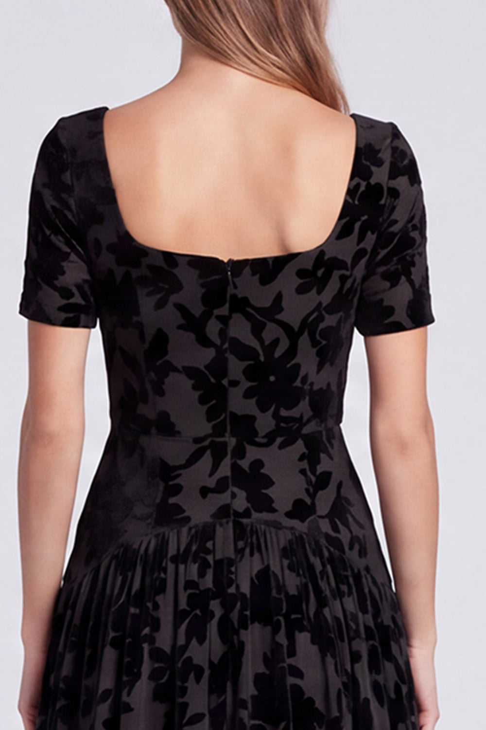Peacock Blue Floral A Line Square Neck Velvet Long Formal Dress