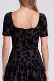 Peacock Blue Floral A Line Square Neck Velvet Long Formal Dress