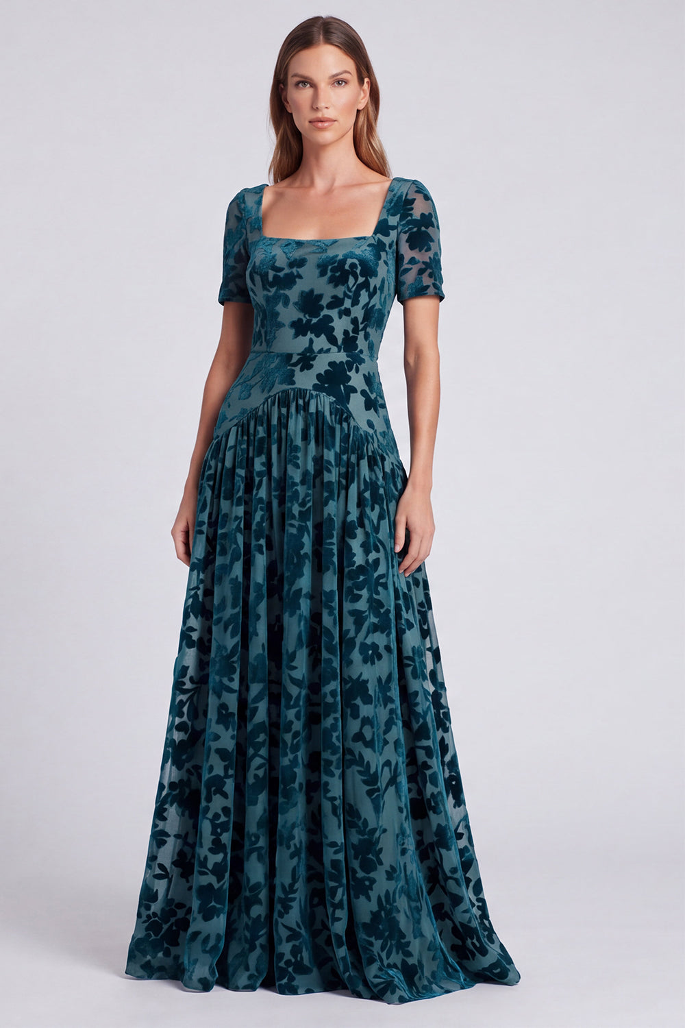 Peacock Blue Floral A Line Square Neck Velvet Long Formal Dress