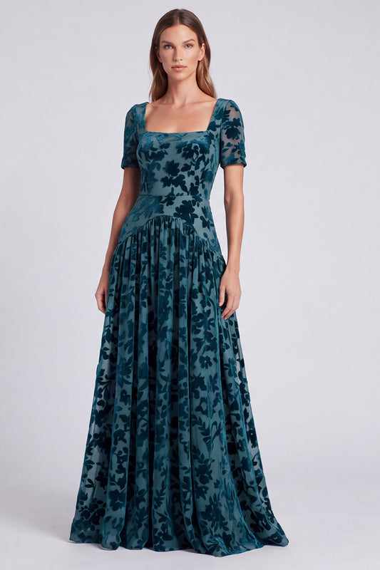 Peacock Blue Floral A Line Square Neck Velvet Long Formal Dress