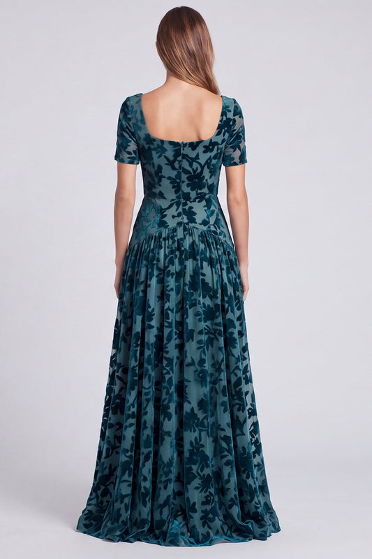 Peacock Blue Floral A Line Square Neck Velvet Long Formal Dress