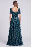 Peacock Blue Floral A Line Square Neck Velvet Long Formal Dress