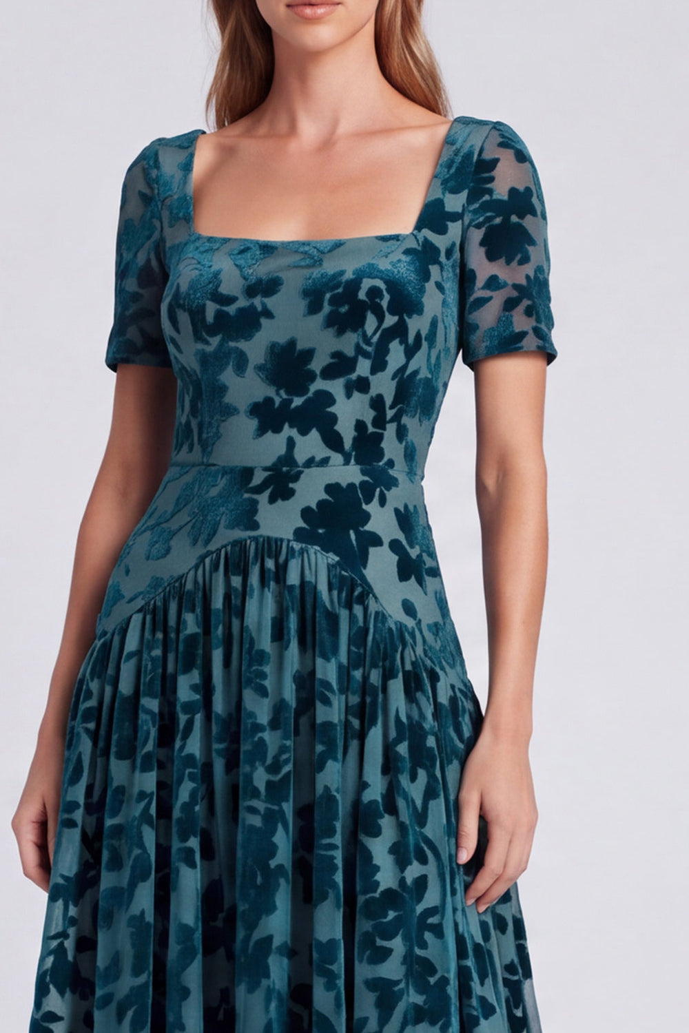 Peacock Blue Floral A Line Square Neck Velvet Long Formal Dress