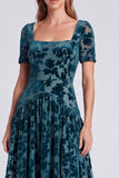 Peacock Blue Floral A Line Square Neck Velvet Long Formal Dress
