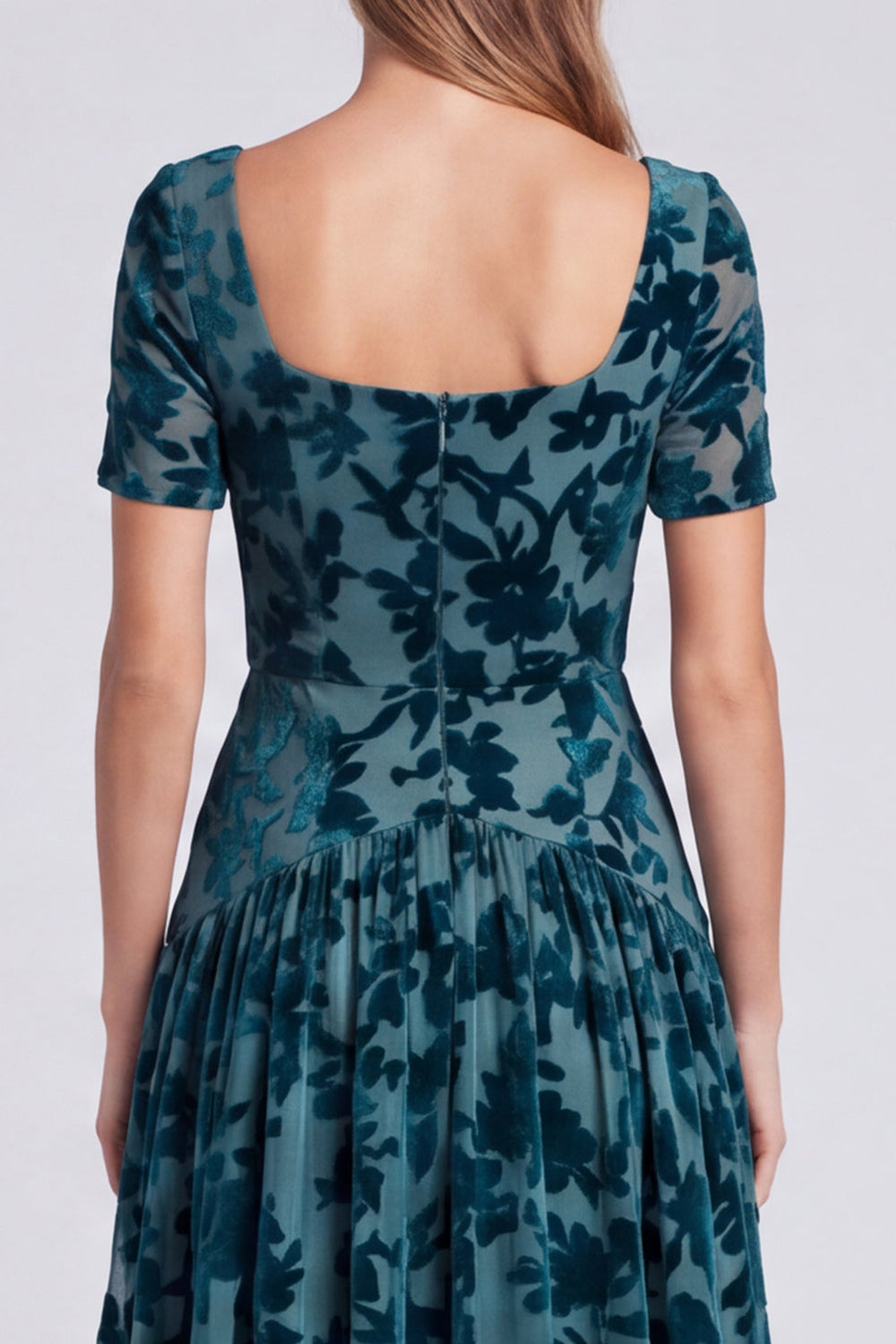 Peacock Blue Floral A Line Square Neck Velvet Long Formal Dress