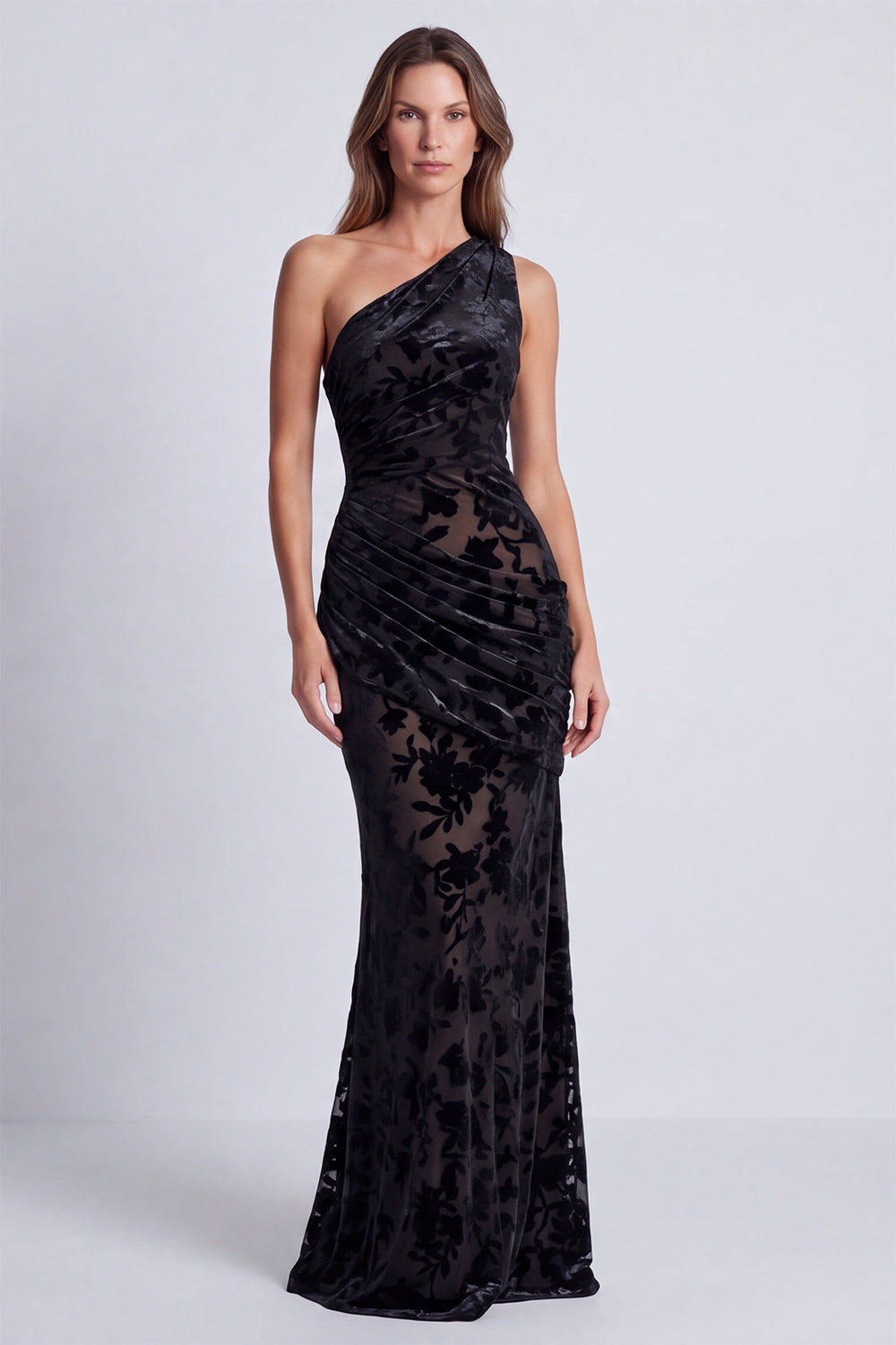 Olive Floral Mermaid One Shoulder Velvet Long Formal Dress