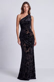 Olive Floral Mermaid One Shoulder Velvet Long Formal Dress