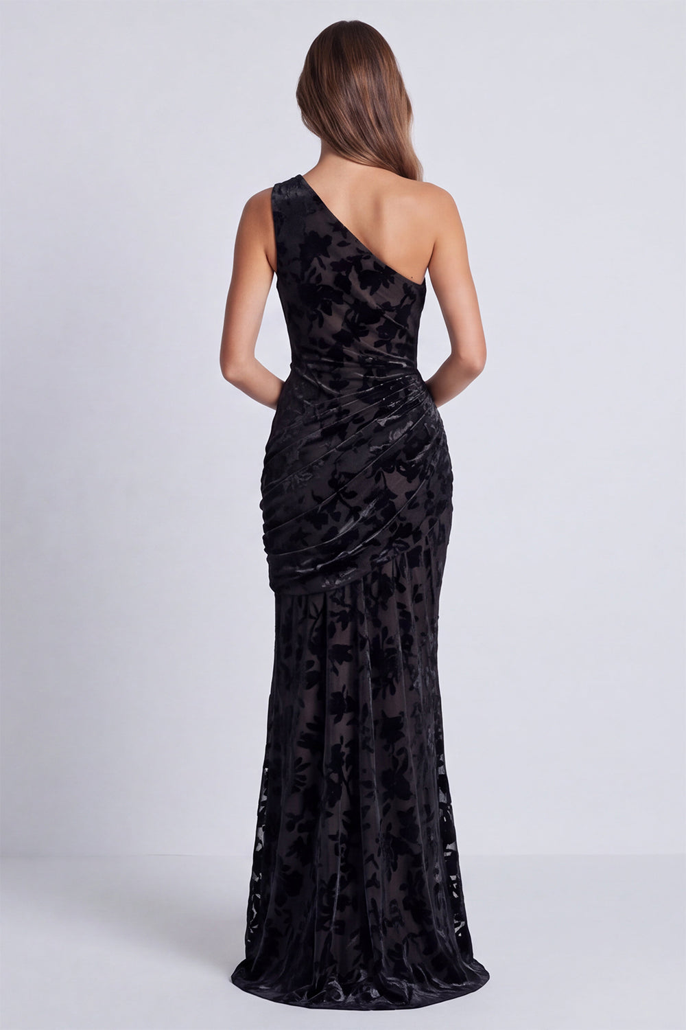 Olive Floral Mermaid One Shoulder Velvet Long Formal Dress