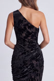 Olive Floral Mermaid One Shoulder Velvet Long Formal Dress