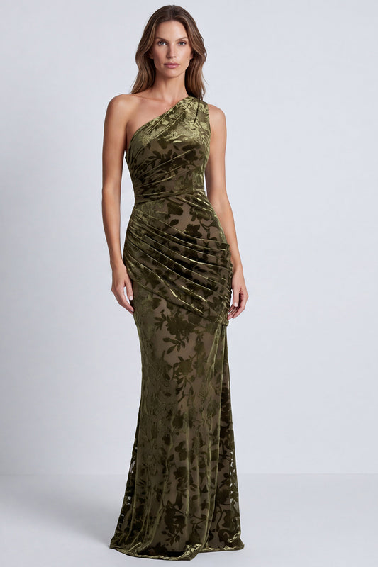 Olive Floral Mermaid One Shoulder Velvet Long Formal Dress