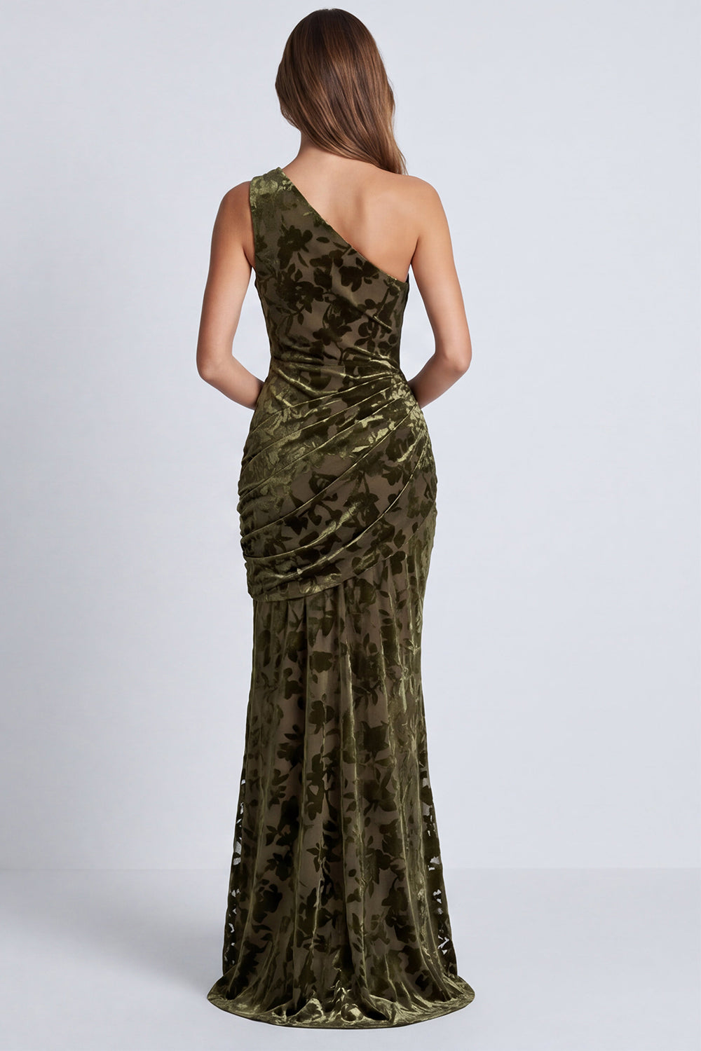 Olive Floral Mermaid One Shoulder Velvet Long Formal Dress