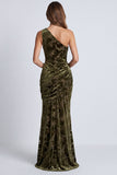 Olive Floral Mermaid One Shoulder Velvet Long Formal Dress