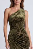 Olive Floral Mermaid One Shoulder Velvet Long Formal Dress