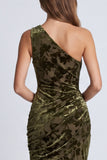 Olive Floral Mermaid One Shoulder Velvet Long Formal Dress