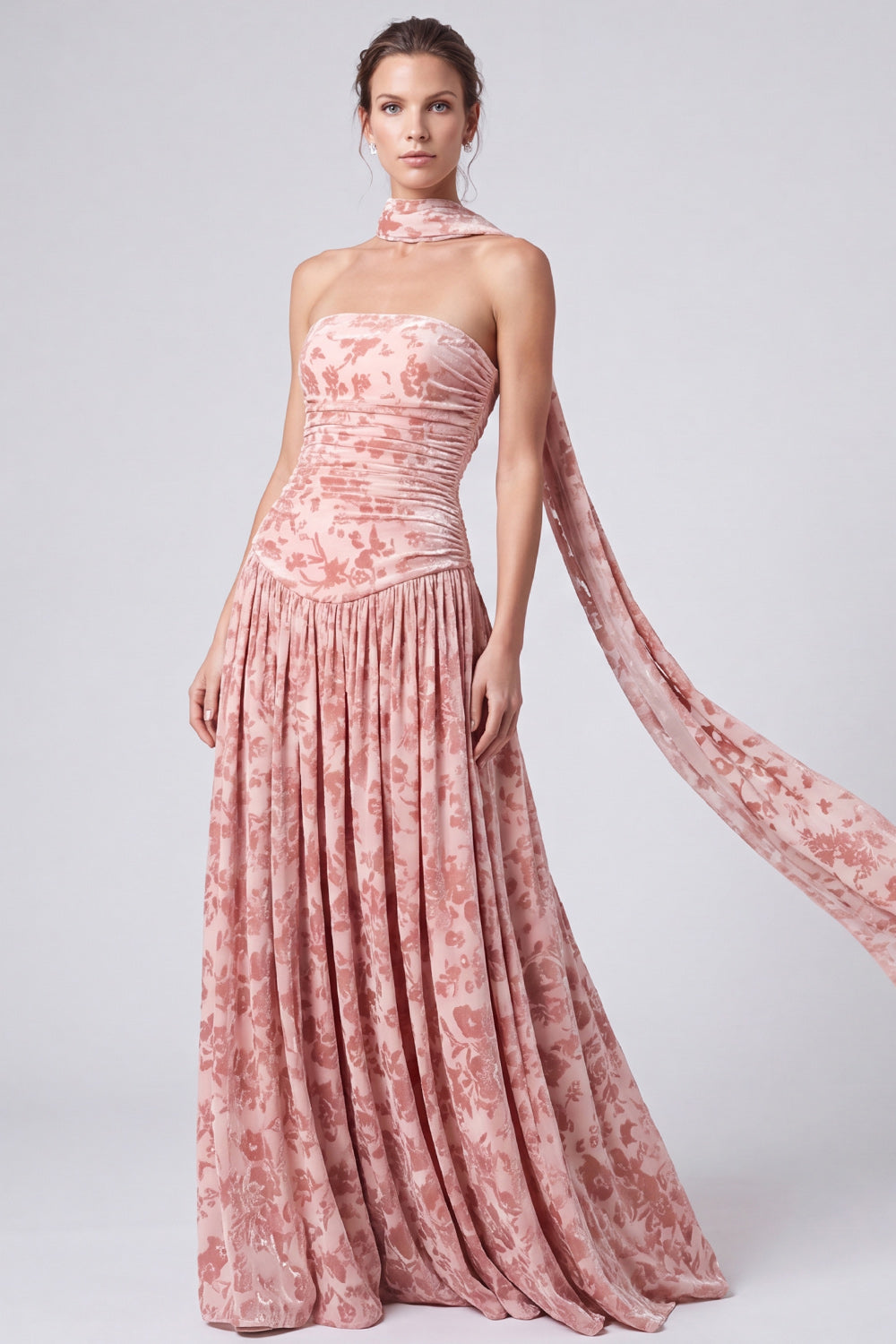 Pink Floral A Line Pleated Long Formal Dress with Neck Scarf