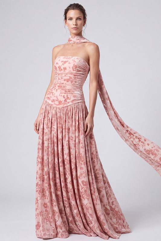 Pink Floral A Line Pleated Long Formal Dress with Neck Scarf