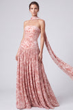 Pink Floral A Line Pleated Long Formal Dress with Neck Scarf