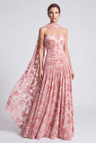 Pink Floral A Line Pleated Long Formal Dress with Neck Scarf