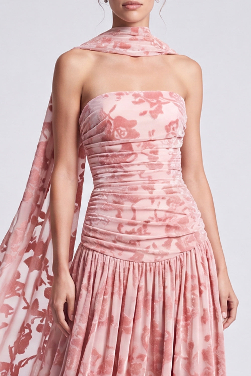 Pink Floral A Line Pleated Long Formal Dress with Neck Scarf