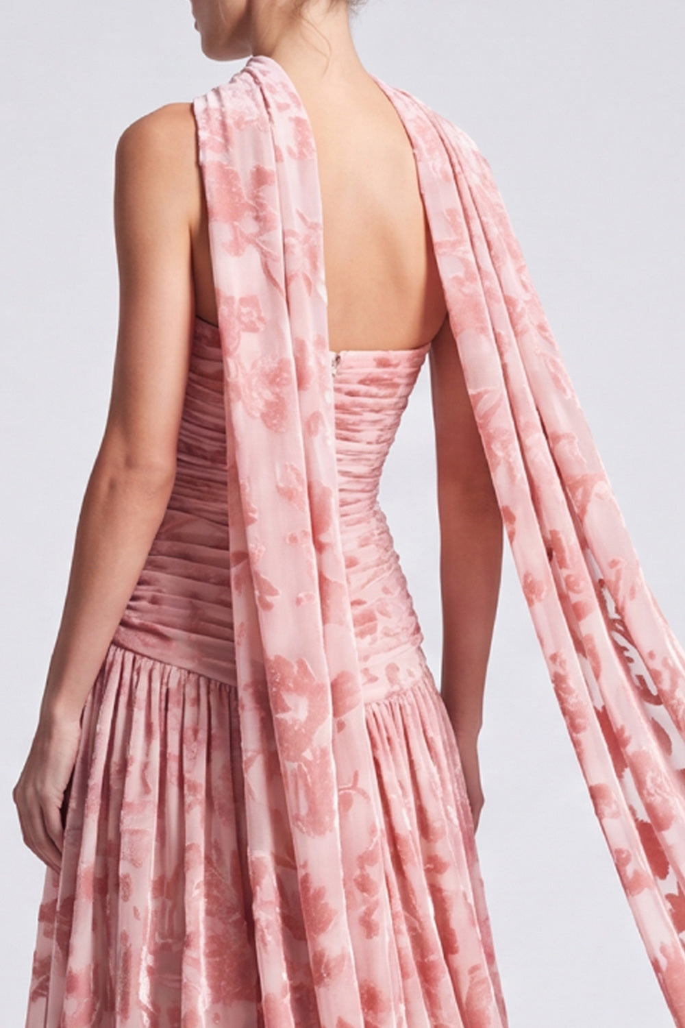 Pink Floral A Line Pleated Long Formal Dress with Neck Scarf